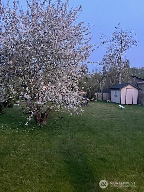 61 Salt Air St, Clallam Bay, WA 98326 - view of grassy yard featuring a storage unit and an outdoor structure