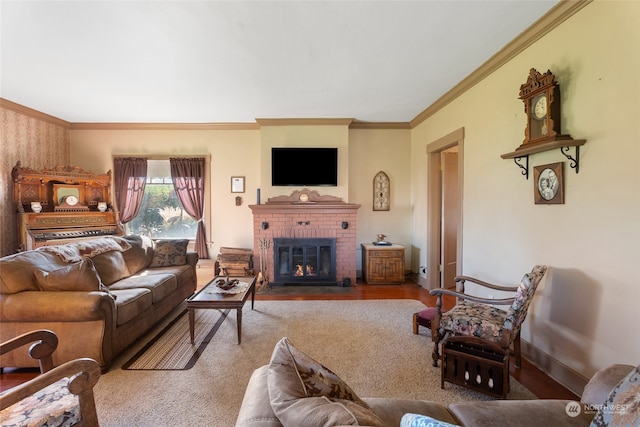 living room featuring ornamental molding and a fireplace