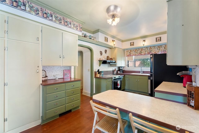 84768 Eastside Rd, Milton-Freewater, OR 97862 - kitchen featuring electric range oven, a sink, arched walkways, green cabinetry, and crown molding