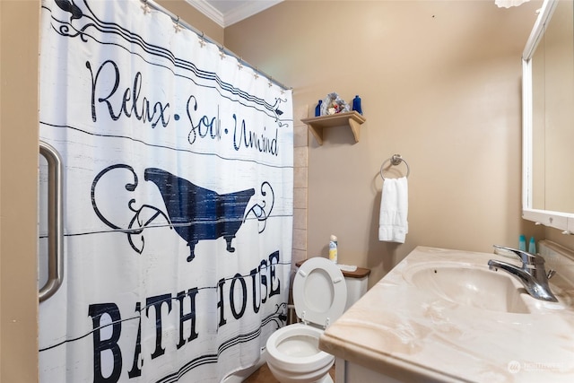 84768 Eastside Rd, Milton-Freewater, OR 97862 - bathroom with toilet, crown molding, a shower with shower curtain, and vanity