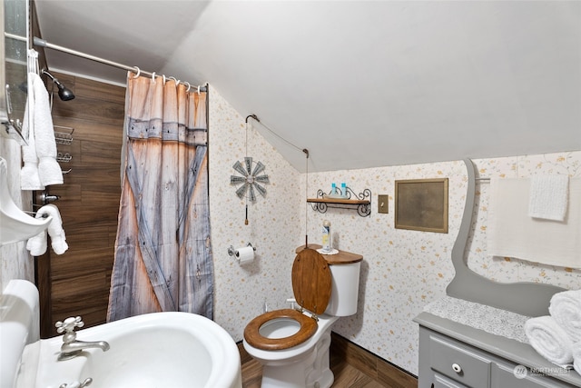 bathroom featuring sink, toilet, vaulted ceiling, and a shower with shower curtain