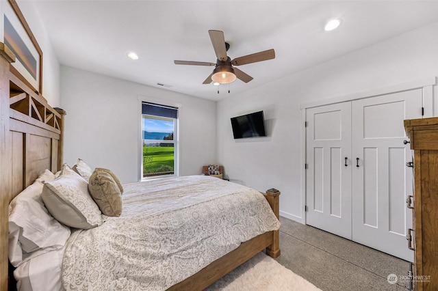 bedroom featuring visible vents, carpet floors, ceiling fan, and recessed lighting