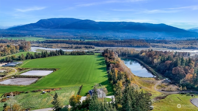 bird's eye view with a water and mountain view