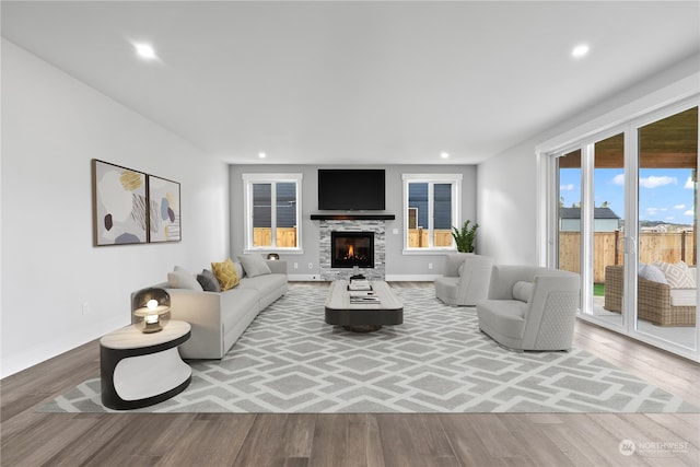 living room featuring a stone fireplace and hardwood / wood-style floors