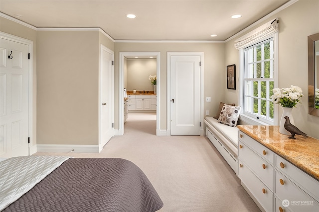 interior space with multiple windows, crown molding, and light colored carpet