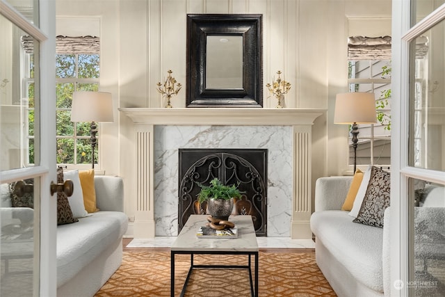 living area with a fireplace