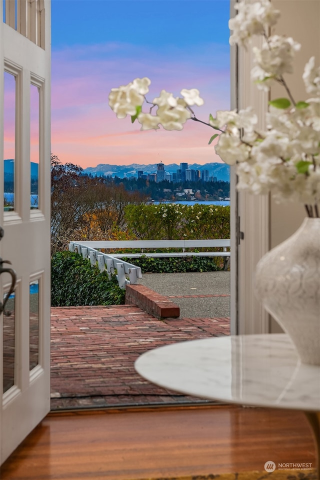 view of balcony at dusk