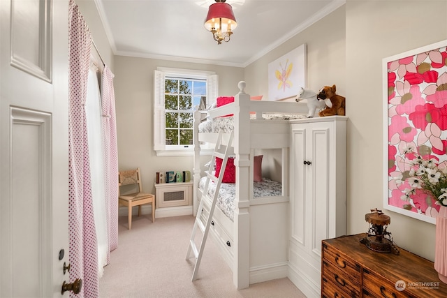 bedroom with light carpet and ornamental molding