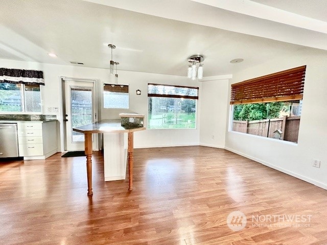 kitchen featuring a kitchen bar, a healthy amount of sunlight, and decorative light fixtures