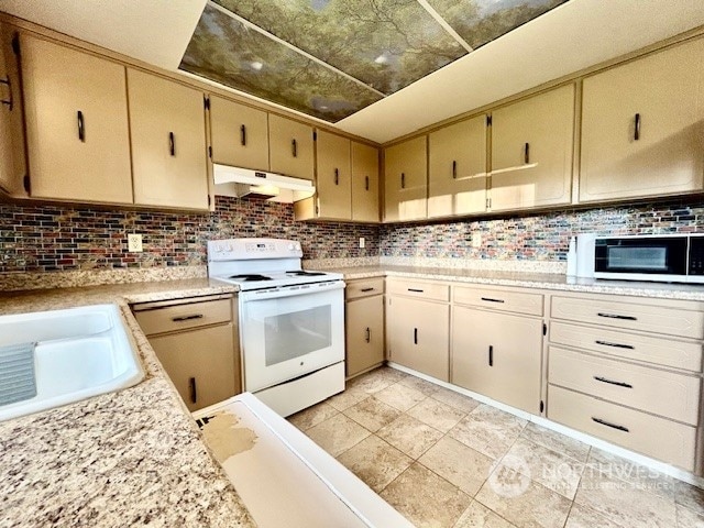 kitchen with white range with electric stovetop, backsplash, and sink