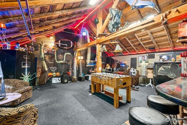 recreation room with wood ceiling and vaulted ceiling with beams