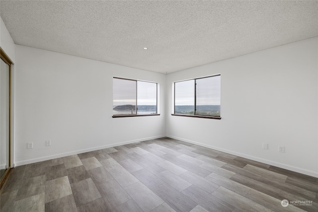 empty room with light hardwood / wood-style flooring and a textured ceiling