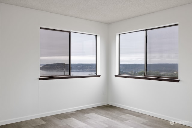 empty room featuring a textured ceiling, light hardwood / wood-style floors, a water view, and a wealth of natural light