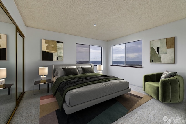 bedroom featuring carpet floors, a closet, and a textured ceiling