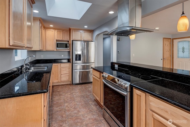 kitchen with appliances with stainless steel finishes, sink, island exhaust hood, pendant lighting, and light brown cabinets