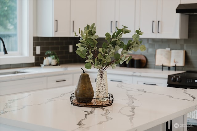 interior details featuring sink, white cabinets, backsplash, and range