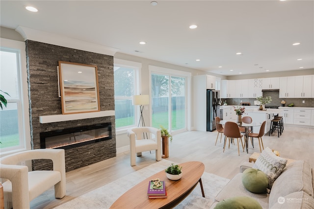 living room with light hardwood / wood-style flooring, ornamental molding, and a fireplace