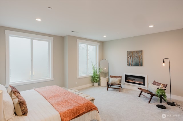 bedroom with light colored carpet