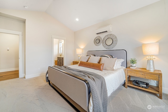 carpeted bedroom with lofted ceiling and an AC wall unit