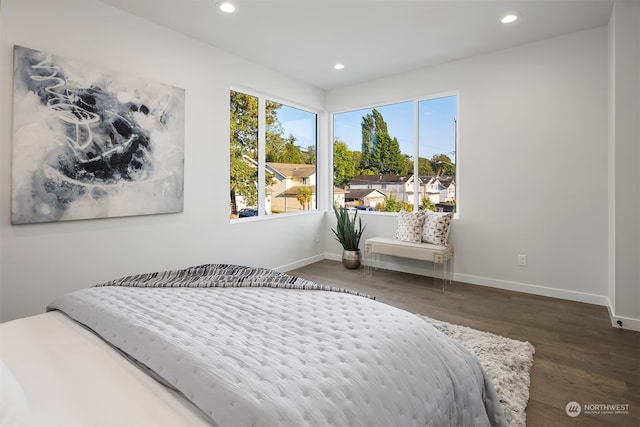 bedroom with dark hardwood / wood-style flooring