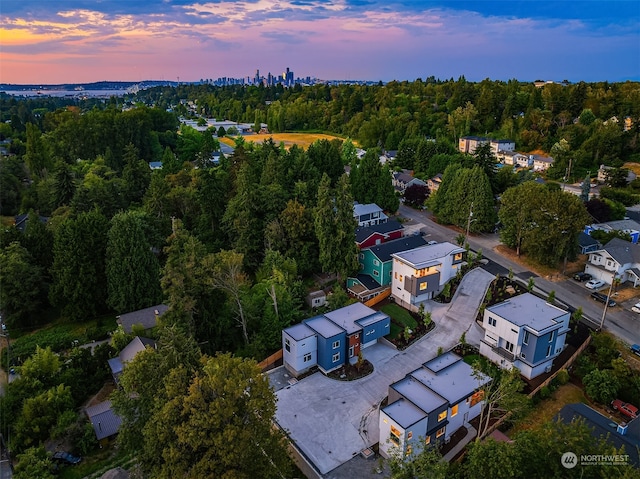 view of aerial view at dusk