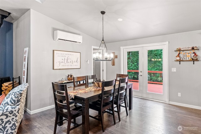 dining room featuring french doors, dark hardwood / wood-style floors, a wall mounted AC, and vaulted ceiling