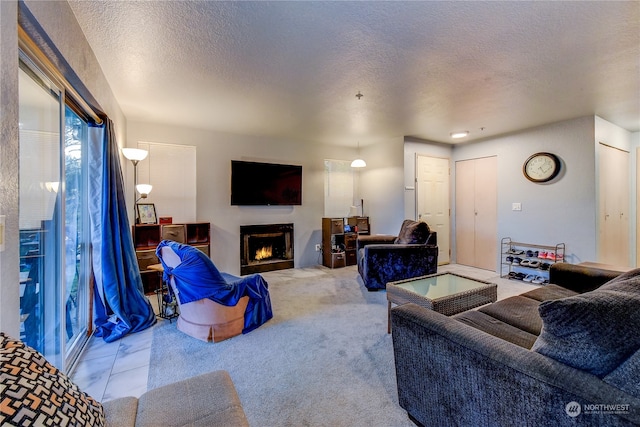 living room with carpet flooring and a textured ceiling