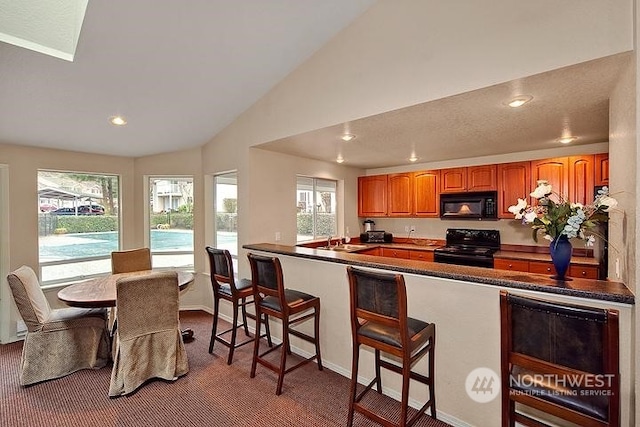 kitchen featuring lofted ceiling, carpet, a kitchen breakfast bar, black appliances, and sink