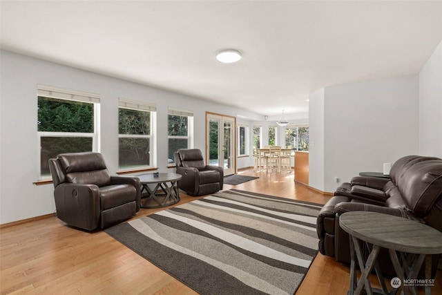 living room with light wood-type flooring and french doors