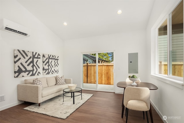 living room with lofted ceiling, electric panel, a wall unit AC, and dark hardwood / wood-style flooring