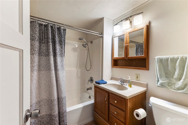 full bathroom featuring vanity, toilet, a textured ceiling, and shower / bath combination with curtain