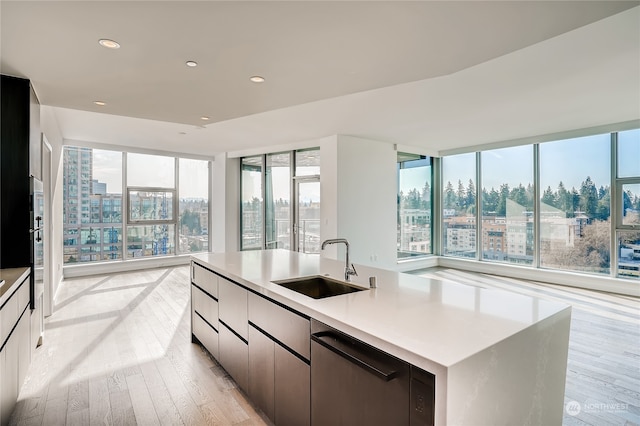 kitchen featuring sink, a kitchen island with sink, dishwasher, and light wood-type flooring