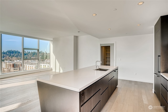 kitchen with sink, a kitchen island with sink, light hardwood / wood-style flooring, and dark brown cabinets