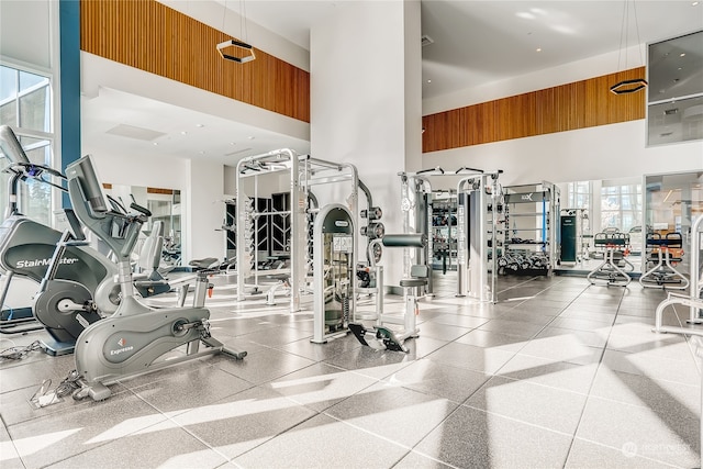 exercise room featuring a towering ceiling