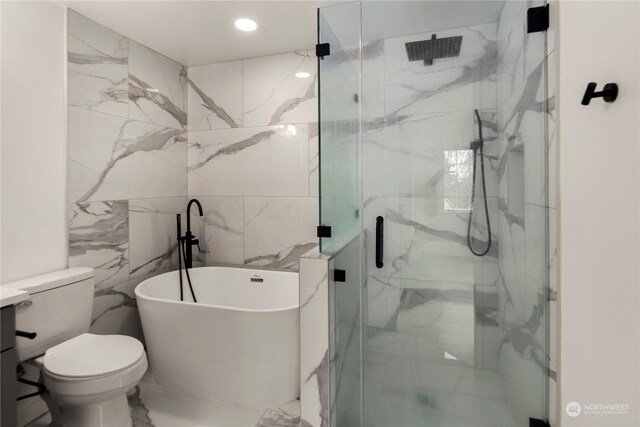 27705 23rd Ave S, Federal Way, WA 98003 - full bathroom with tile walls, recessed lighting, toilet, a freestanding bath, and a marble finish shower