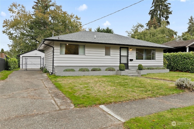 ranch-style house with a garage and a front lawn