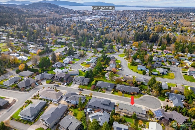 drone / aerial view featuring a mountain view