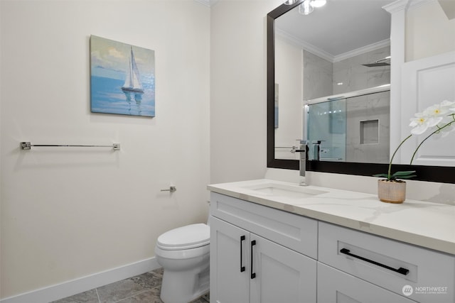 bathroom with walk in shower, toilet, vanity, crown molding, and tile patterned floors