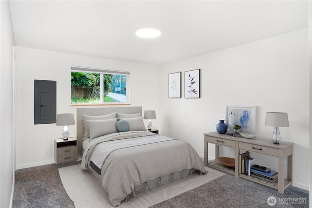 bedroom featuring carpet floors, electric panel, and baseboards