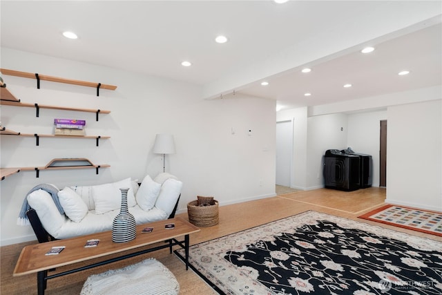 living room with baseboards and recessed lighting