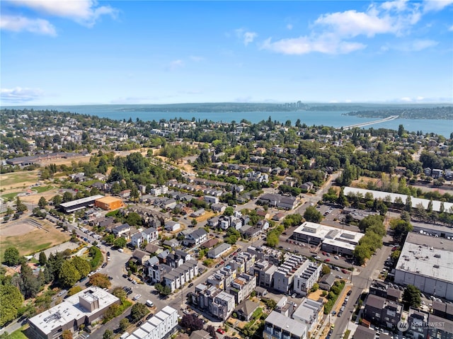 drone / aerial view with a water view