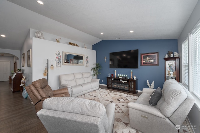 living room featuring lofted ceiling and hardwood / wood-style floors