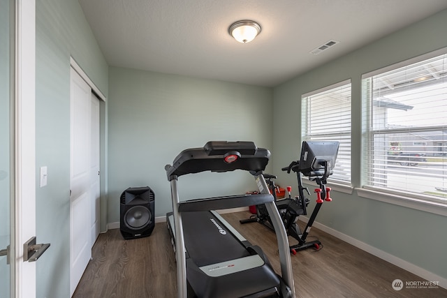 exercise room with dark hardwood / wood-style flooring