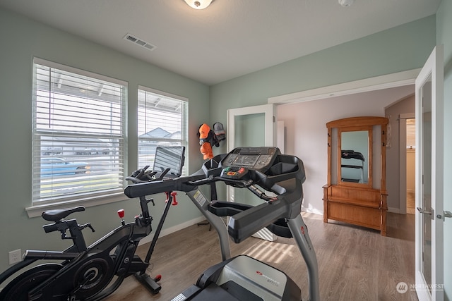 exercise room featuring light hardwood / wood-style flooring