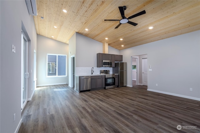 kitchen with stainless steel appliances, high vaulted ceiling, and wooden ceiling