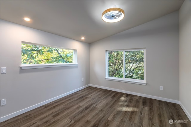 unfurnished room featuring dark wood-type flooring and vaulted ceiling