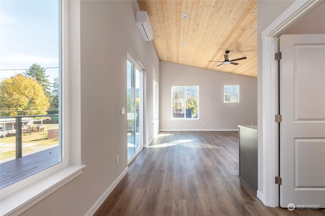 hall featuring vaulted ceiling, a wall unit AC, hardwood / wood-style flooring, and wood ceiling