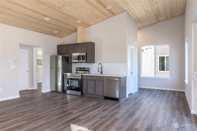 kitchen featuring dark hardwood / wood-style flooring, stainless steel appliances, wooden ceiling, high vaulted ceiling, and decorative backsplash