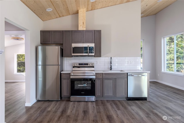 kitchen with decorative backsplash, dark hardwood / wood-style floors, stainless steel appliances, wooden ceiling, and sink