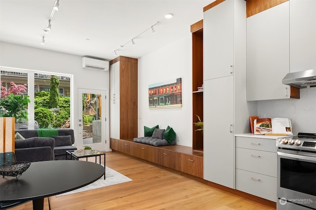 living room featuring an AC wall unit and light hardwood / wood-style flooring